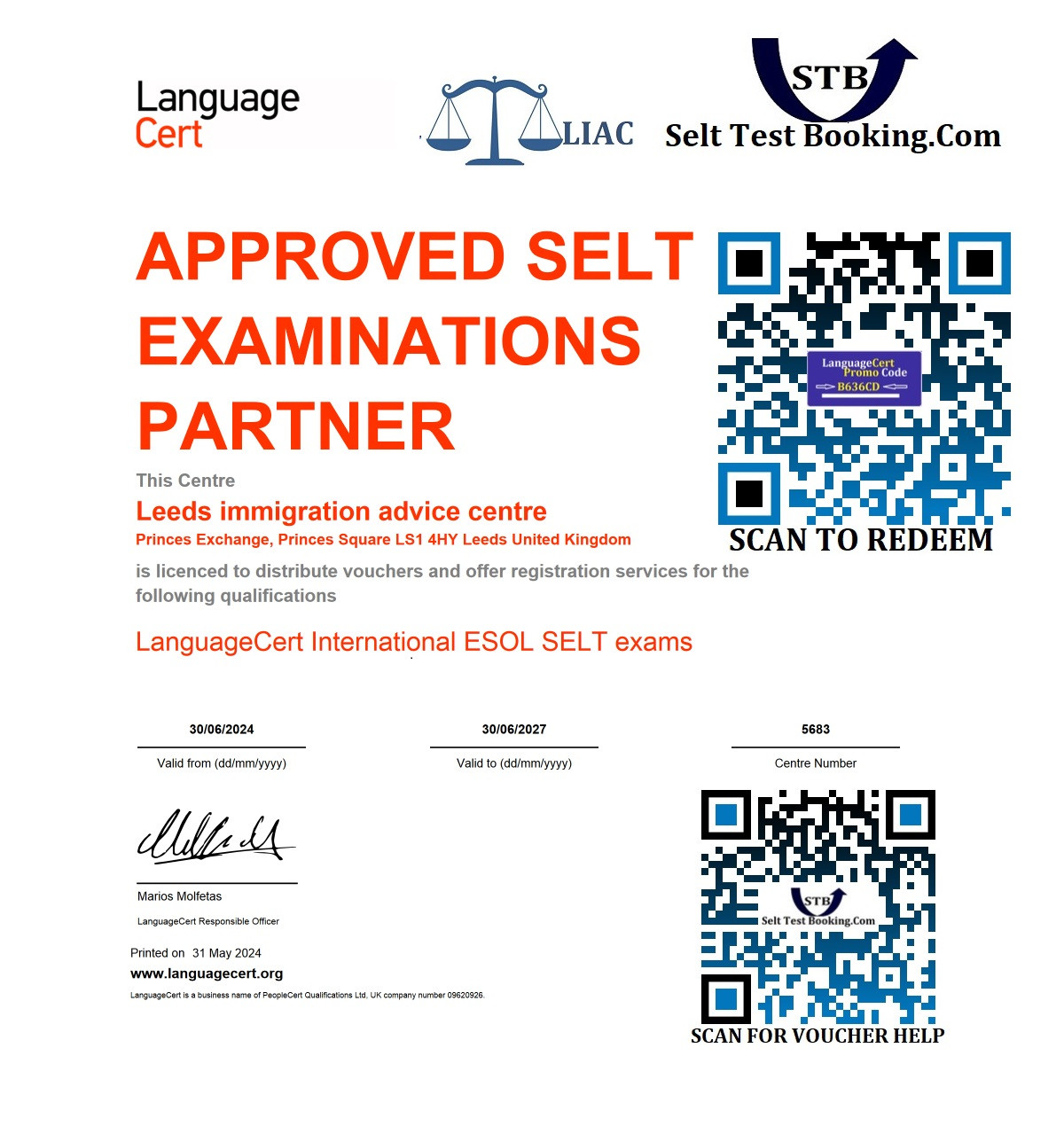 LANGUAGECERT SELT TEST VOUCHER AUTHORISATION CERTIFICATE